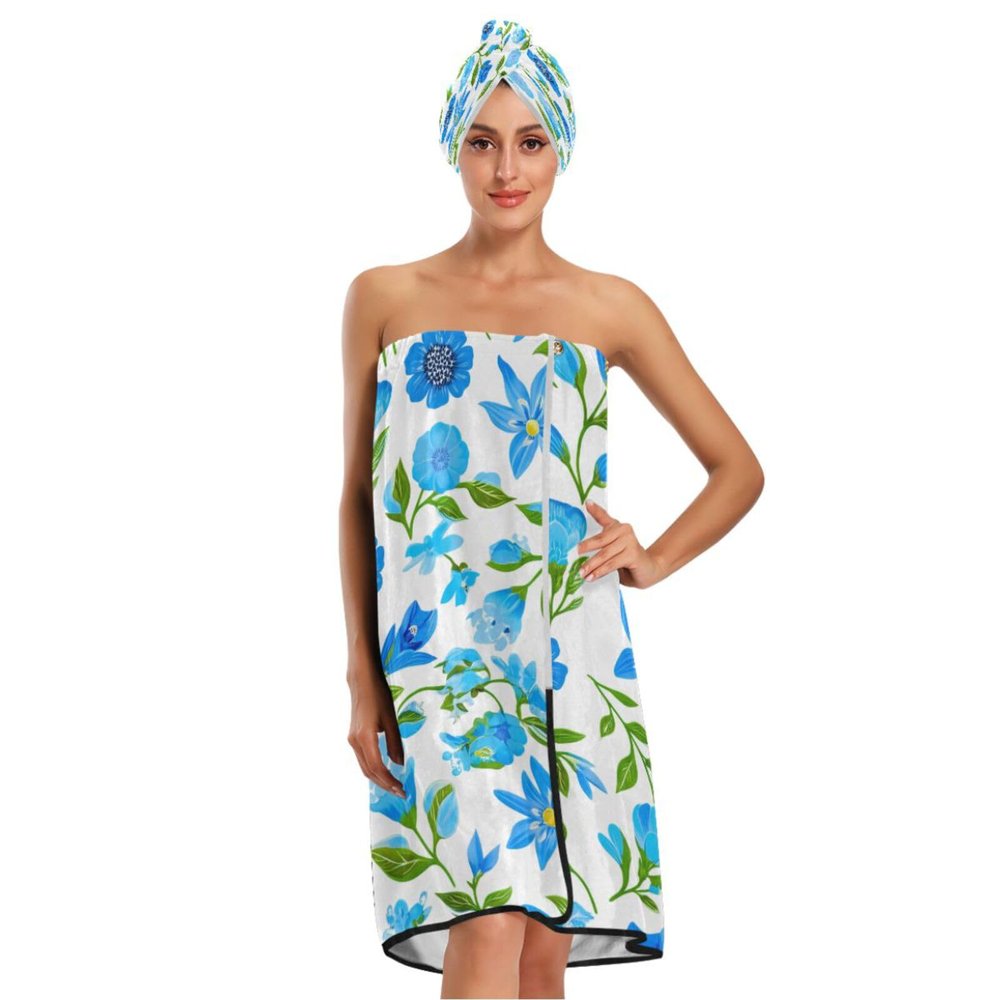 Bulletgxll Blue Flowers Women's Shower Wrap Towel Set of 3 Adjustable Spa Body Wrap Super Absorbent Bathrobe with Hair Towel & Headband