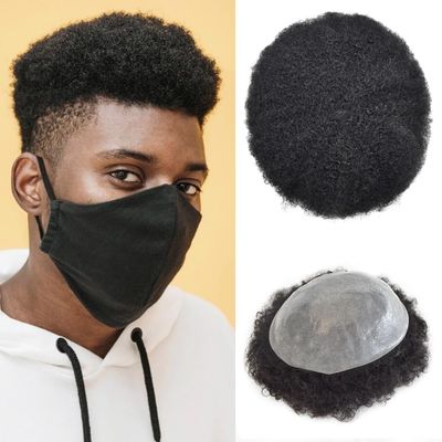 ApexToupees Afro Toupee For Black Men Kinky Curly Human Hair Replacement System Full Poly Afro Weave Hair Units For African American Men Hair Piece 8X10 6MM Afro Wave#110 1# JET BLACK+10% GREY