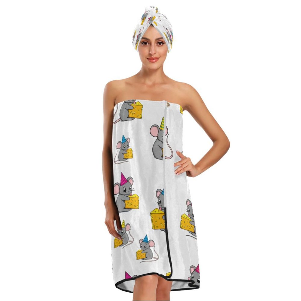 Bulletgxll Cartoon Mouse Women's Shower Wrap Towel Set of 3 Adjustable Spa Body Wrap Super Absorbent Bathrobe with Hair Towel & Headband