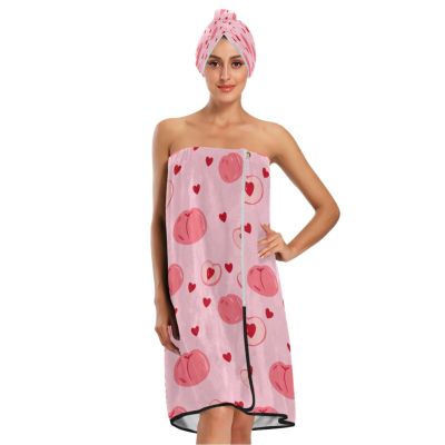 Bulletgxll Peach Heart Women's Shower Wrap Towel Set of 3 Adjustable Spa Body Wrap Super Absorbent Bathrobe with Hair Towel & Headband