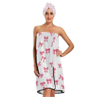 Bulletgxll Cute Bows Women's Shower Wrap Towel Set of 3 Adjustable Spa Body Wrap Super Absorbent Bathrobe with Hair Towel & Headband