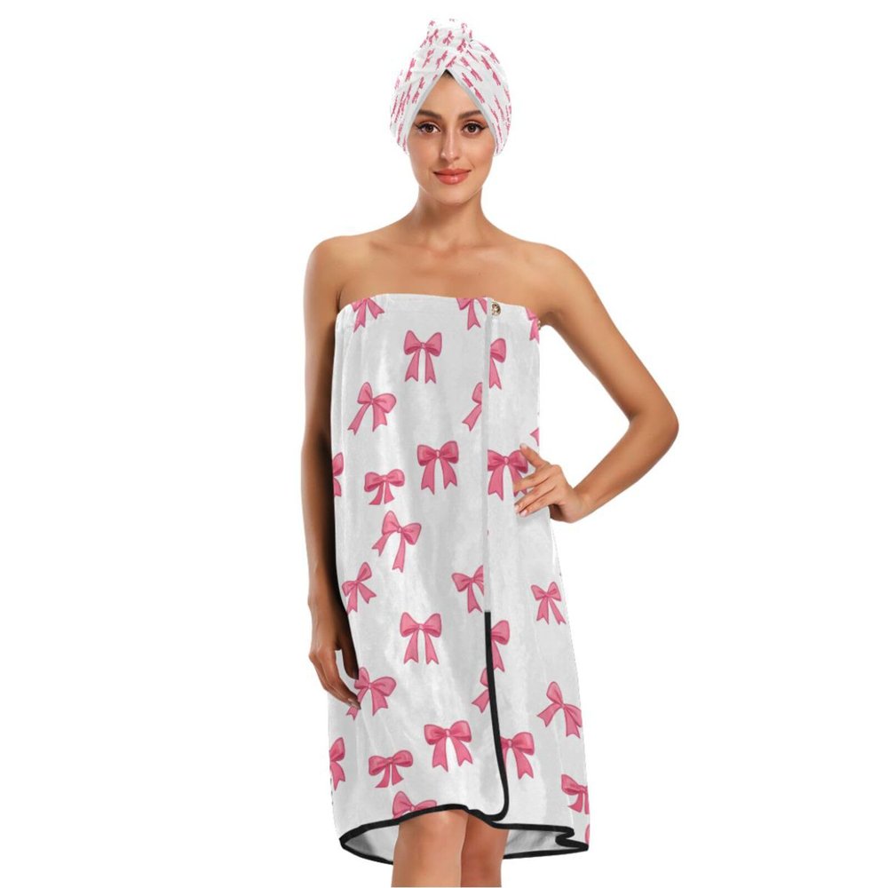 Bulletgxll Cute Bows Women's Shower Wrap Towel Set of 3 Adjustable Spa Body Wrap Super Absorbent Bathrobe with Hair Towel & Headband