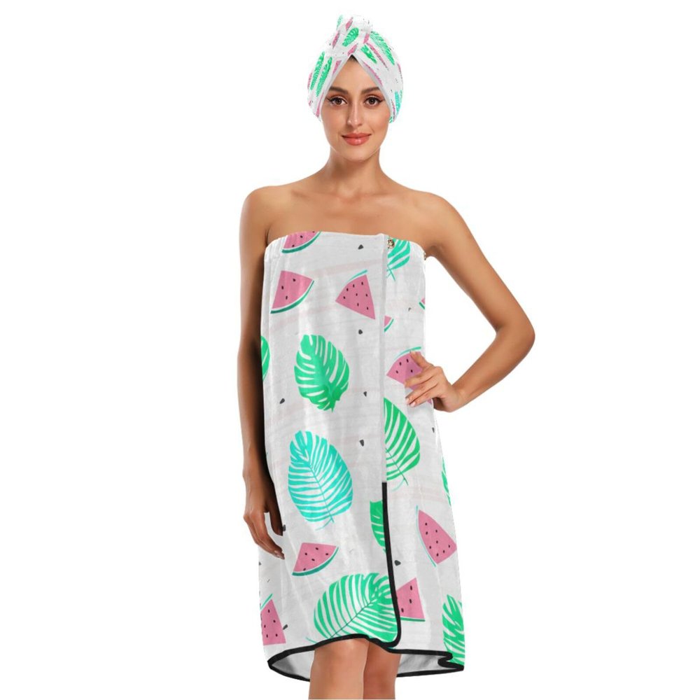 Bulletgxll Tropical Leaves Women's Shower Wrap Towel Set of 3 Adjustable Spa Body Wrap Super Absorbent Bathrobe with Hair Towel & Headband
