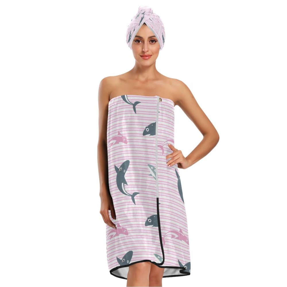 Bulletgxll Cartoon Sharks Women's Shower Wrap Towel Set of 3 Adjustable Spa Body Wrap Super Absorbent Bathrobe with Hair Towel & Headband