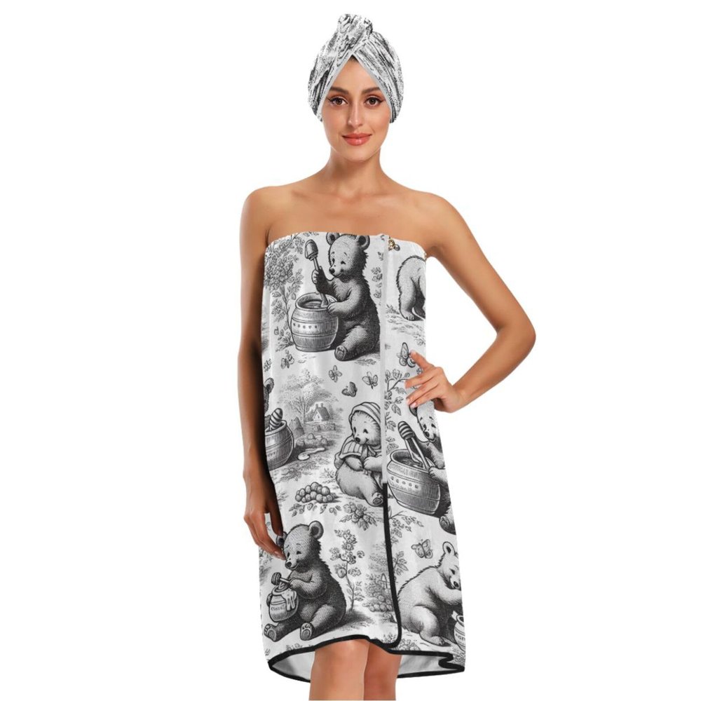 Bulletgxll Bears Eating Honey Women's Shower Wrap Towel Set of 3 Adjustable Spa Body Wrap Super Absorbent Bathrobe with Hair Towel & Headband