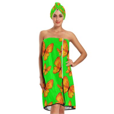 Bulletgxll Orange Butterflies Women's Shower Wrap Towel Set of 3 Adjustable Spa Body Wrap Super Absorbent Bathrobe with Hair Towel & Headband