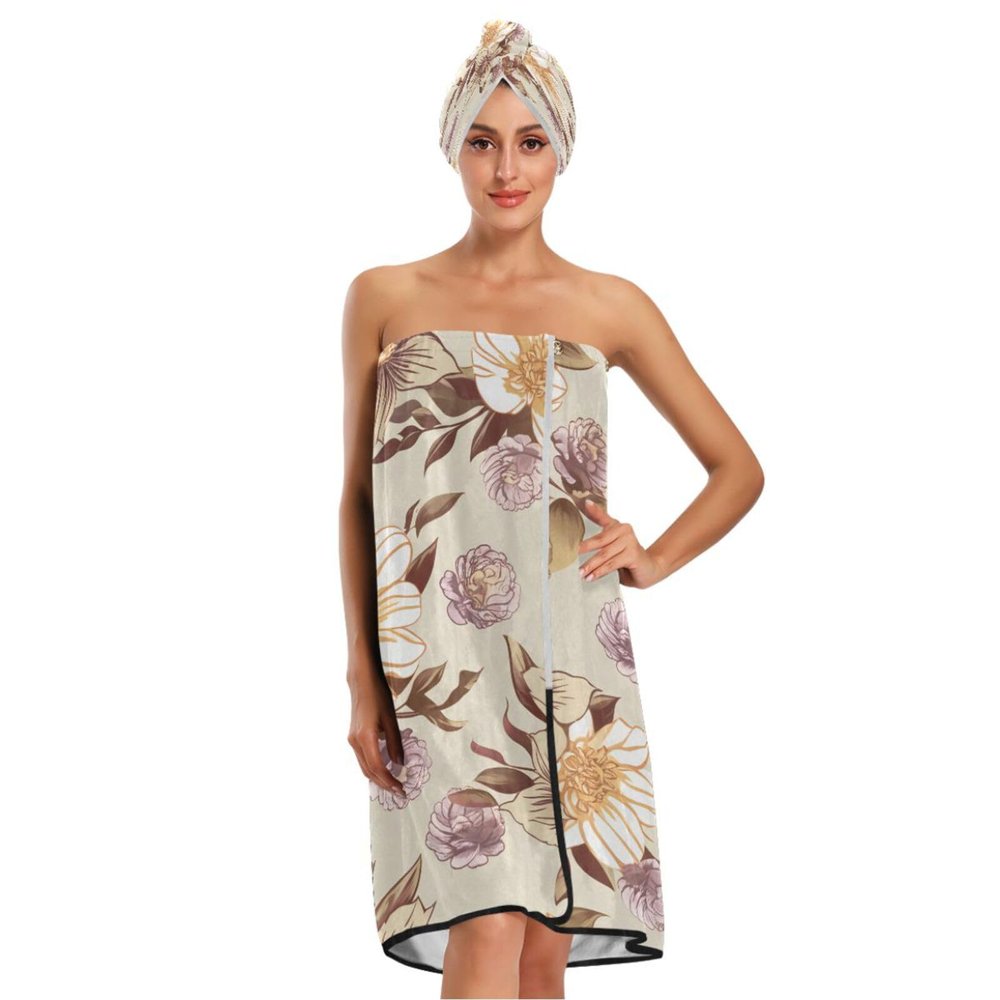 Bulletgxll Elegant Floral Women's Shower Wrap Towel Set of 3 Adjustable Spa Body Wrap Super Absorbent Bathrobe with Hair Towel & Headband