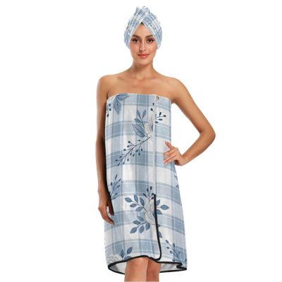 Bulletgxll Elegant Floral Checkered Women's Shower Wrap Towel Set of 3 Adjustable Spa Body Wrap Super Absorbent Bathrobe with Hair Towel & Headband