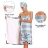 Bulletgxll Elegant Floral Checkered Women's Shower Wrap Towel Set of 3 Adjustable Spa Body Wrap Super Absorbent Bathrobe with Hair Towel & Headband view 4