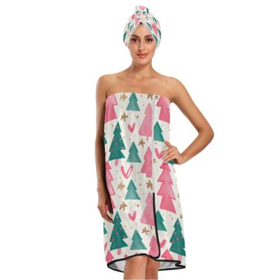 Bulletgxll Watercolor Christmas Trees Women's Shower Wrap Towel Set of 3 Adjustable Spa Body Wrap Super Absorbent Bathrobe with Hair Towel & Headband