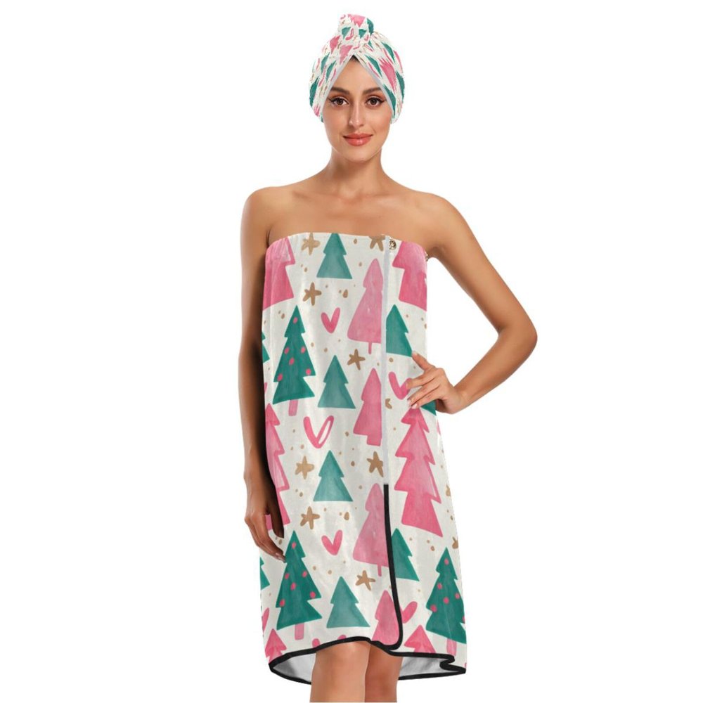 Bulletgxll Watercolor Christmas Trees Women's Shower Wrap Towel Set of 3 Adjustable Spa Body Wrap Super Absorbent Bathrobe with Hair Towel & Headband
