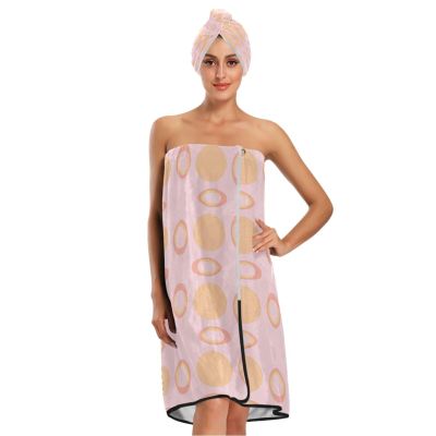 Bulletgxll Rounded Circular Shapes Women's Shower Wrap Towel Set of 3 Adjustable Spa Body Wrap Super Absorbent Bathrobe with Hair Towel & Headband