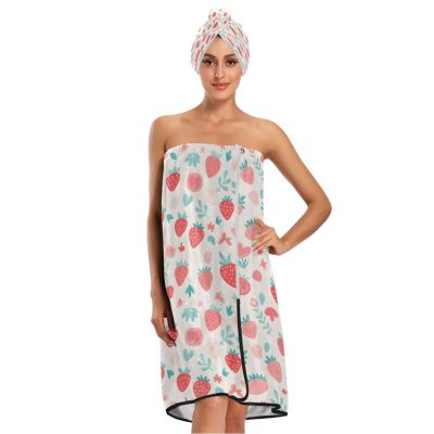 Bulletgxll Watercolor Strawberry Women's Shower Wrap Towel Set of 3 Adjustable Spa Body Wrap Super Absorbent Bathrobe with Hair Towel & Headband