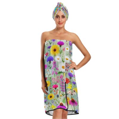 Bulletgxll Vibrant Wildflower Women's Shower Wrap Towel Set of 3 Adjustable Spa Body Wrap Super Absorbent Bathrobe with Hair Towel & Headband