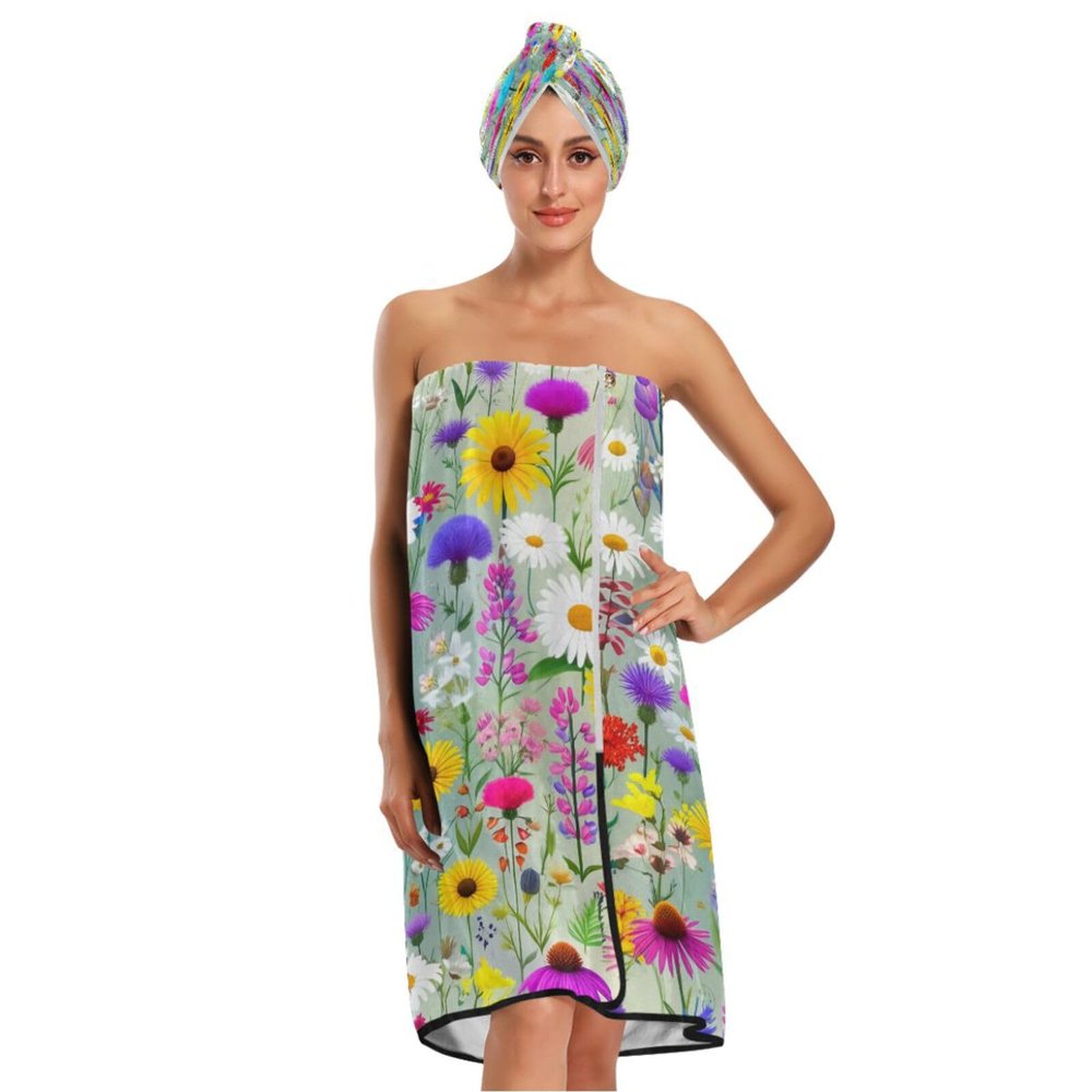 Bulletgxll Vibrant Wildflower Women's Shower Wrap Towel Set of 3 Adjustable Spa Body Wrap Super Absorbent Bathrobe with Hair Towel & Headband