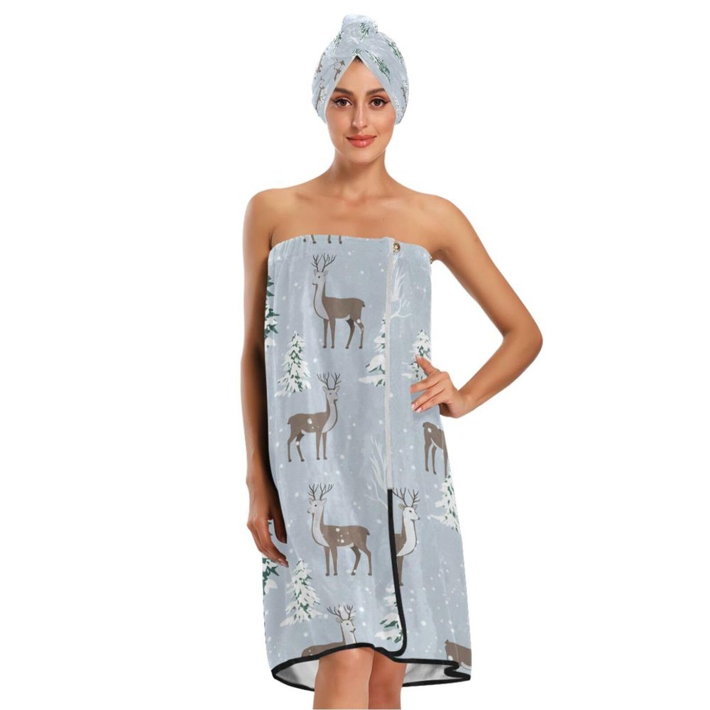 Bulletgxll Deer and Trees Women's Shower Wrap Towel Set of 3 Adjustable Spa Body Wrap Super Absorbent Bathrobe with Hair Towel & Headband