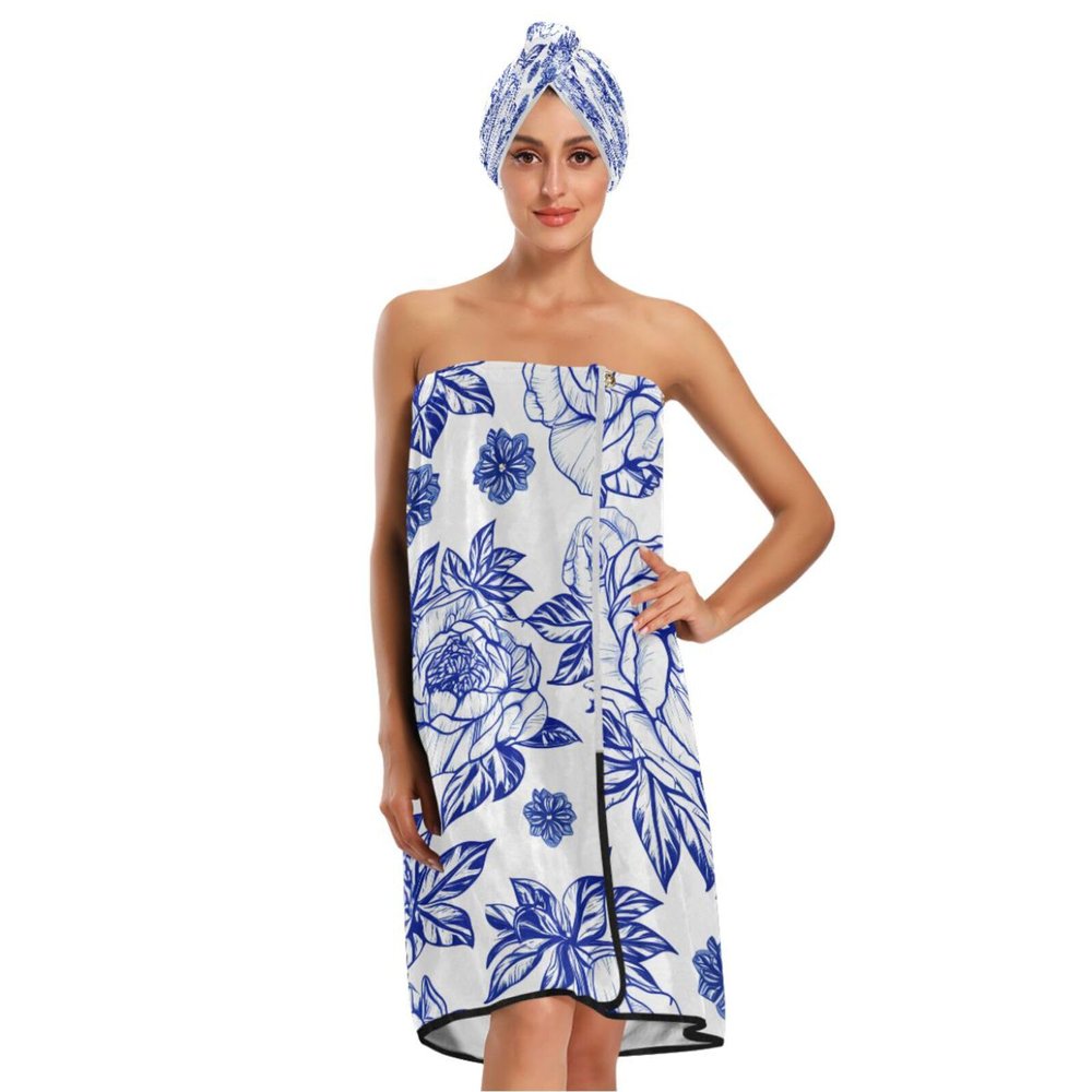 Bulletgxll Vintage Floral Women's Shower Wrap Towel Set of 3 Adjustable Spa Body Wrap Super Absorbent Bathrobe with Hair Towel & Headband