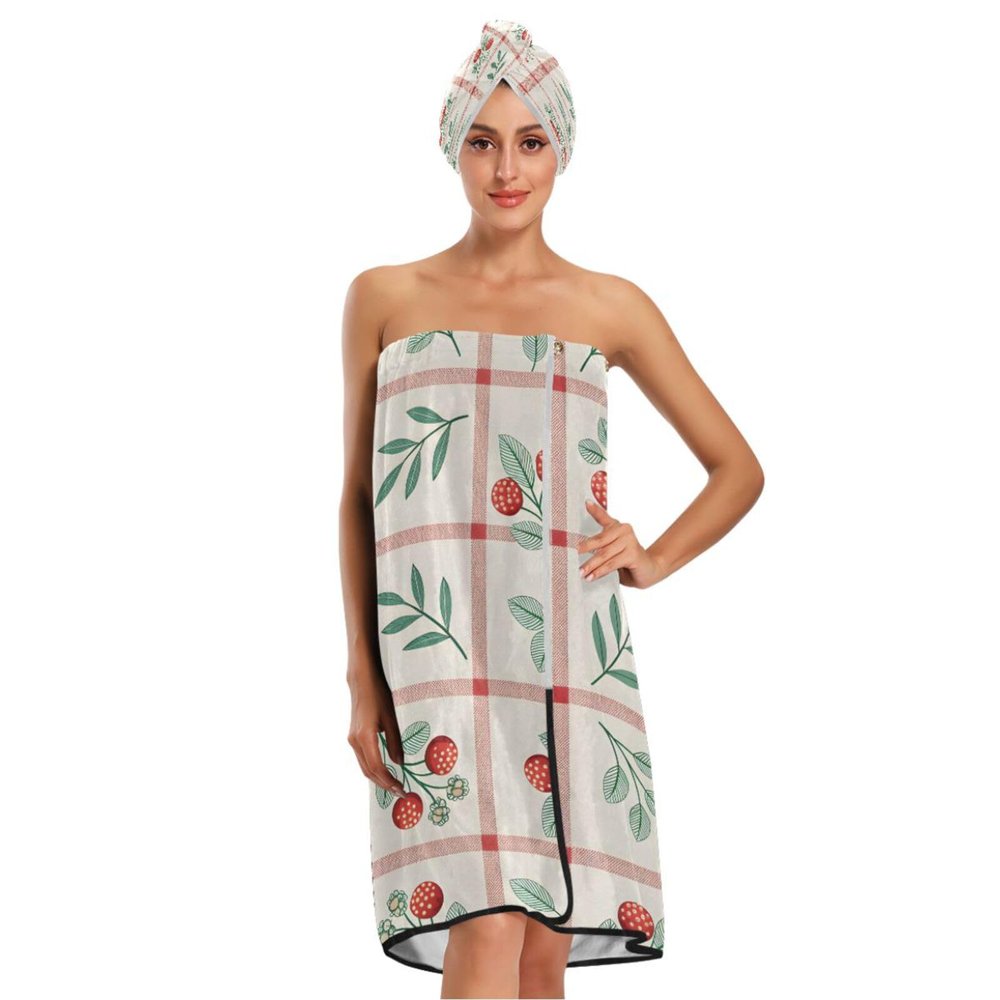 Bulletgxll Garden Berry Checked Women's Shower Wrap Towel Set of 3 Adjustable Spa Body Wrap Super Absorbent Bathrobe with Hair Towel & Headband