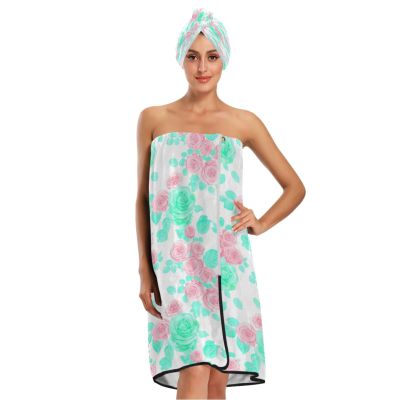 Bulletgxll Floral Women's Shower Wrap Towel Set of 3 Adjustable Spa Body Wrap Super Absorbent Bathrobe with Hair Towel & Headband