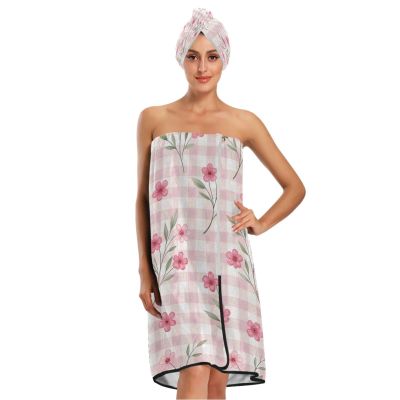 Bulletgxll Elegant Floral Checked Women's Shower Wrap Towel Set of 3 Adjustable Spa Body Wrap Super Absorbent Bathrobe with Hair Towel & Headband