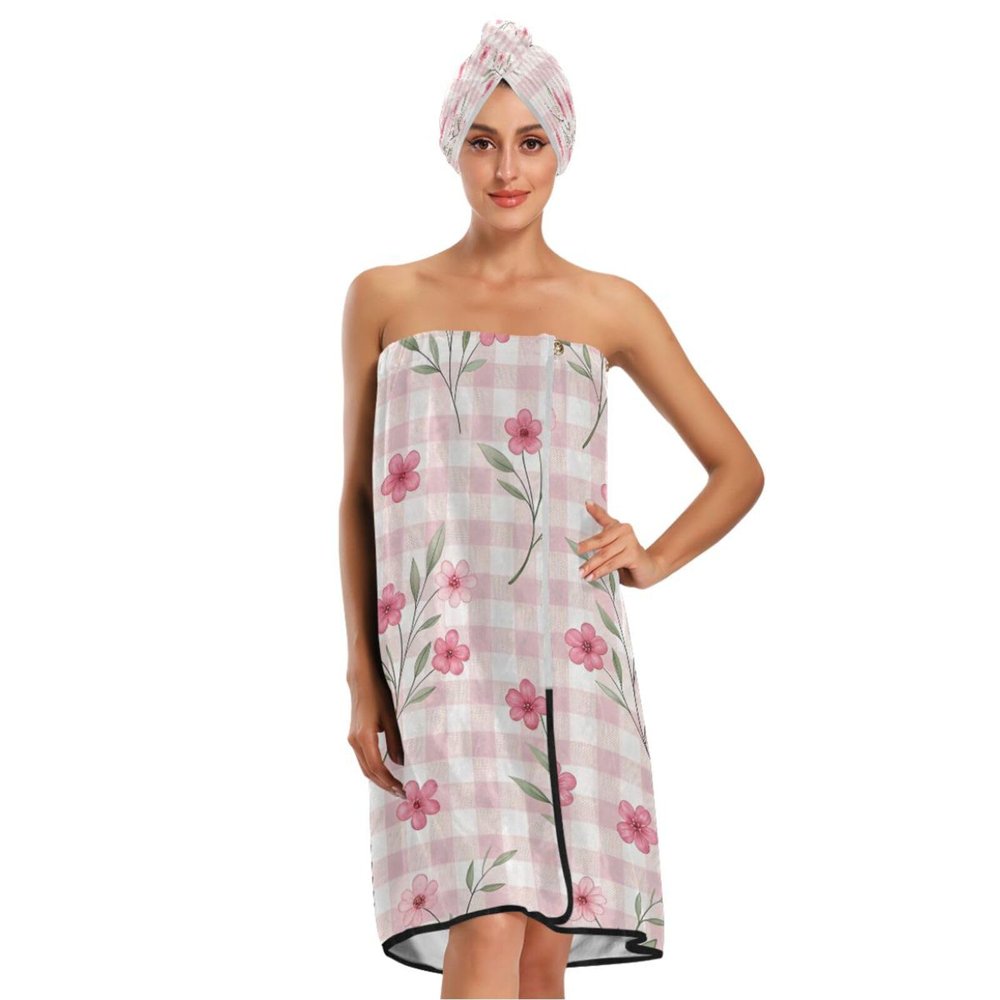 Bulletgxll Elegant Floral Checked Women's Shower Wrap Towel Set of 3 Adjustable Spa Body Wrap Super Absorbent Bathrobe with Hair Towel & Headband