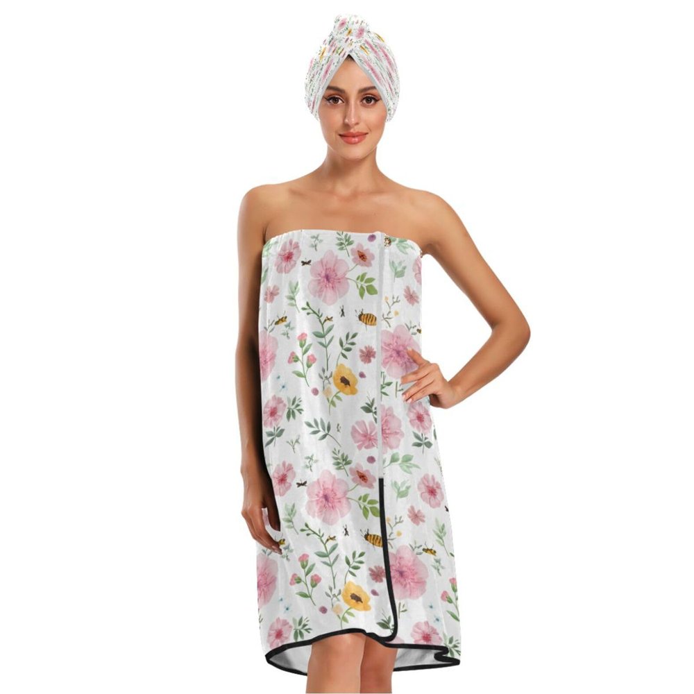 Bulletgxll Colorful Flowers Women's Shower Wrap Towel Set of 3 Adjustable Spa Body Wrap Super Absorbent Bathrobe with Hair Towel & Headband