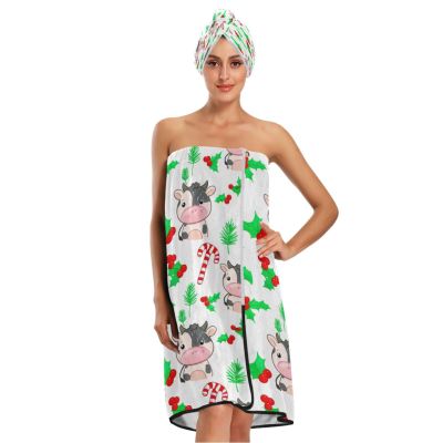 Bulletgxll Cartoon Cows Women's Shower Wrap Towel Set of 3 Adjustable Spa Body Wrap Super Absorbent Bathrobe with Hair Towel & Headband