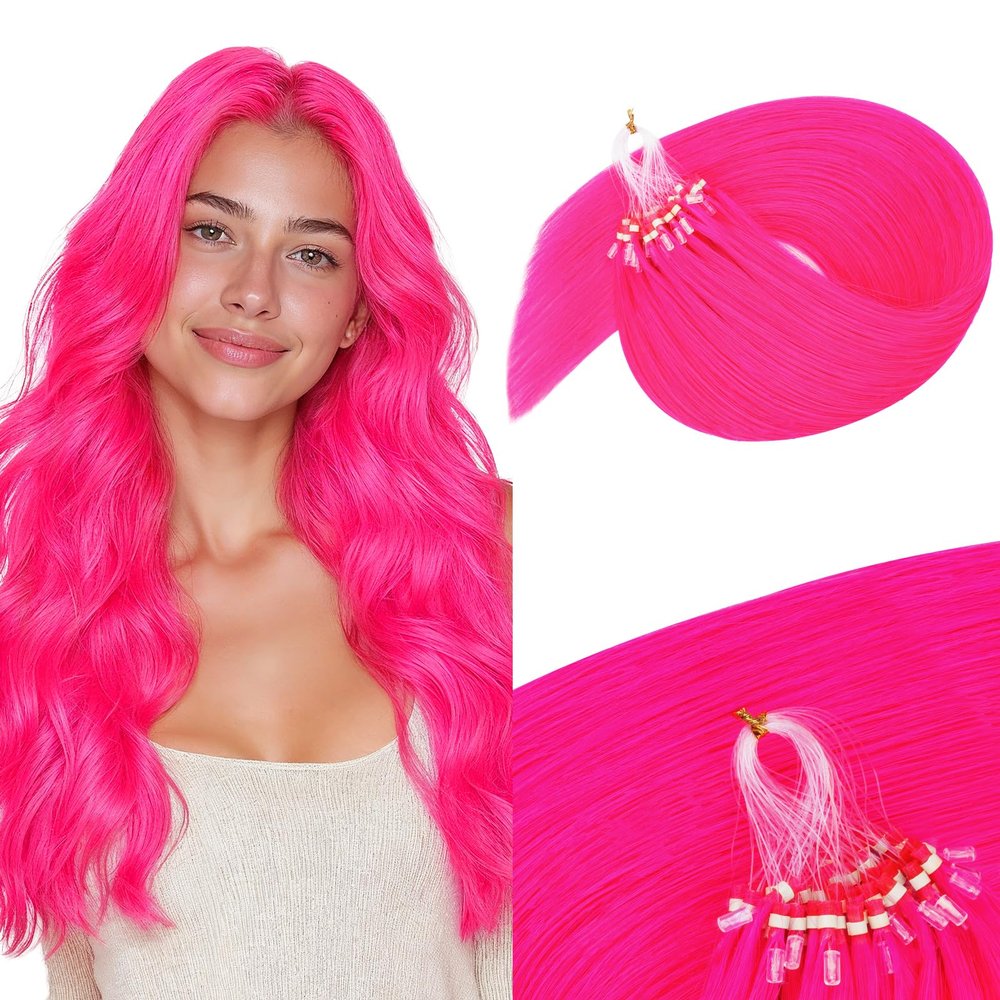 MAXITA Microlink Hair Extensions Human Hair, Hot Pink Micro Beads Hair Extensions Real Human Hair, Colored Highlight 18 Inch 25g/25 Strands/Pack Straight Hair