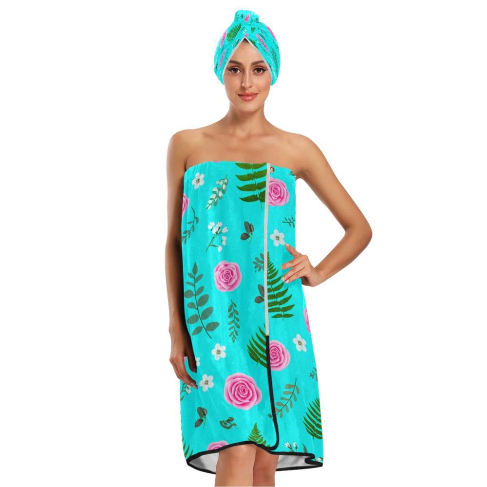 Bulletgxll Rose and Leaves Women's Shower Wrap Towel Set of 3 Adjustable Spa Body Wrap Super Absorbent Bathrobe with Hair Towel & Headband