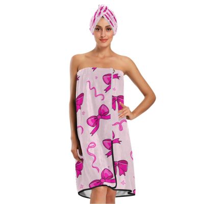 Bulletgxll Cute Bows Rbbons Women's Shower Wrap Towel Set of 3 Adjustable Spa Body Wrap Super Absorbent Bathrobe with Hair Towel & Headband