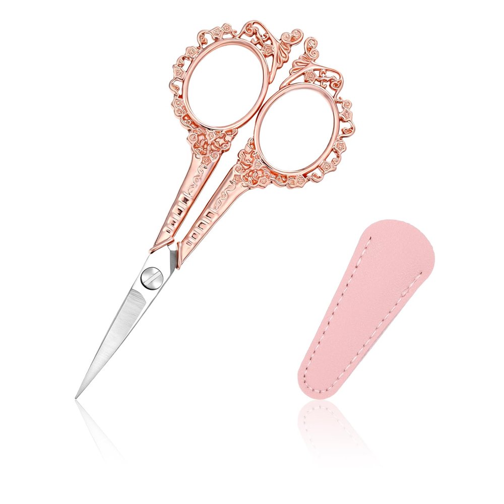 Professional Grooming Mini Scissor, Eyebrow Scissors for Women, Stainless Steel Nose Hair Trimming Scissors for Facial Hair, Eyebrows, Beard, Ear, Nose, Moustache (Gold Pink, Patterned)