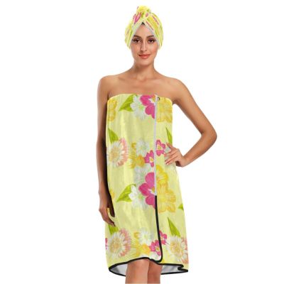 Bulletgxll Vibrant Flowers Women's Shower Wrap Towel Set of 3 Adjustable Spa Body Wrap Super Absorbent Bathrobe with Hair Towel & Headband