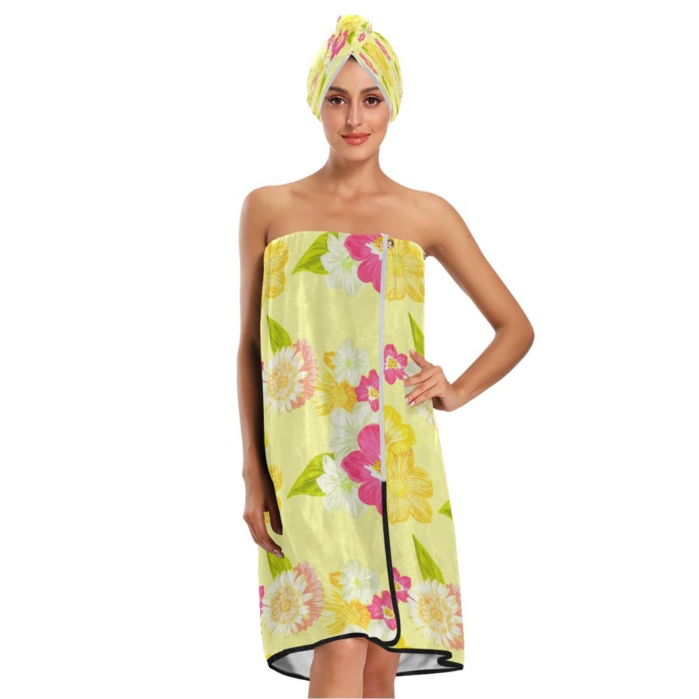 Bulletgxll Vibrant Flowers Women's Shower Wrap Towel Set of 3 Adjustable Spa Body Wrap Super Absorbent Bathrobe with Hair Towel & Headband
