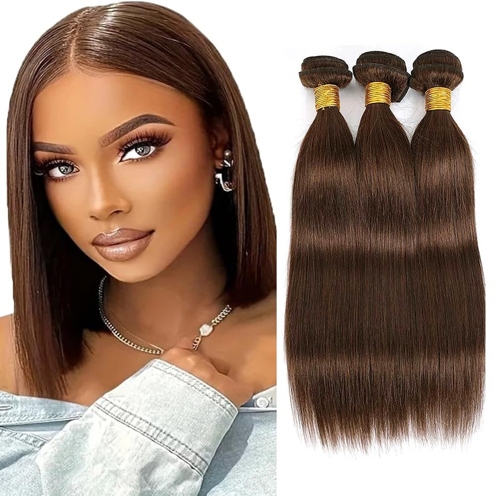 Color #4 Human Hair Dark Brown Straight Bundles 12 14 16 Inch