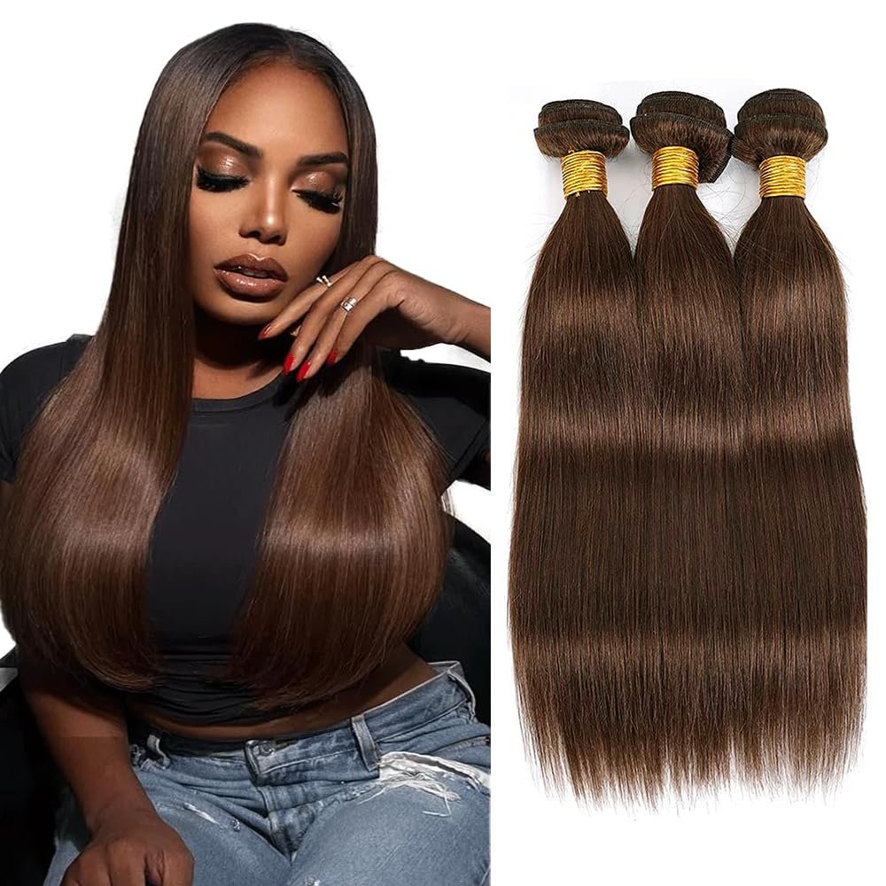Color #4 Human Hair Chocolate Brown Straight 3 Bundles 26 28 30 Inch