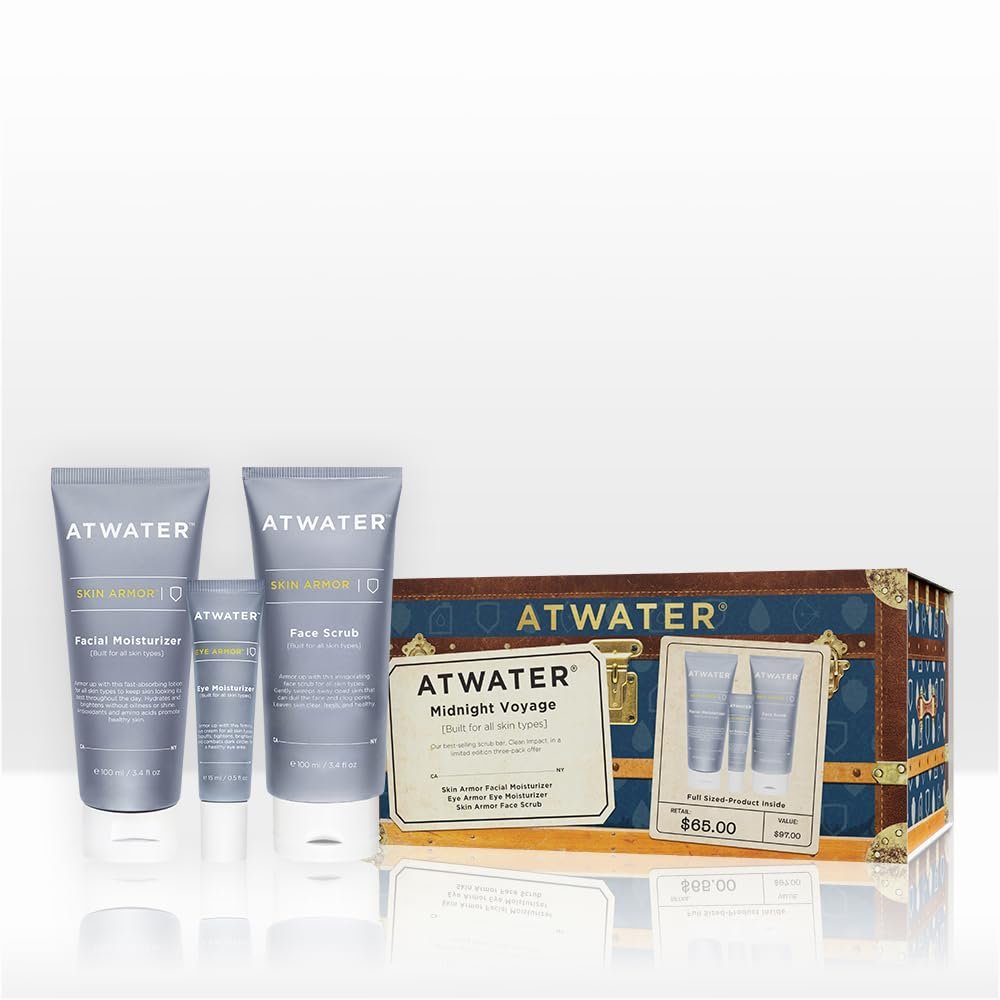ATWATER Midnight Voyage Gift Set 3-Piece Mens Skincare Kit with Face Scrub, Eye Cream & Facial Moisturizer, Clean Skincare Set for Travel & Daily Hydration