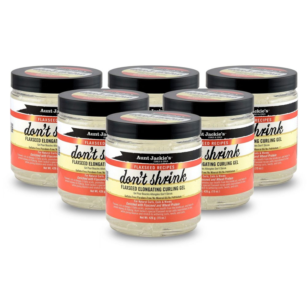 Aunt Jackie's Flaxseed Recipes Don't Shrink Elongating Hair Curling Gel for Natural Curls, Coils & Waves, Helps Prevent Dryness & Flaking, 15 oz Each,(Pack of 6)