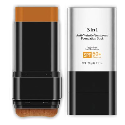 3 In 1 Anti-Wrinkle Foundation Stick Korean Hydrating Lightweight Flawless Eraser Foundation Stick with Brush, Moisturizing Double Head Makeup, Dark Color