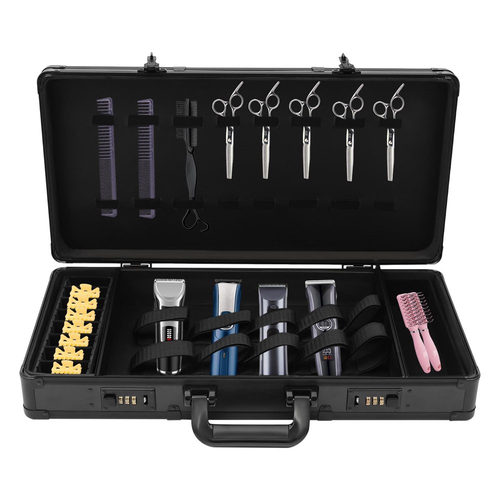 ChronosGear Barber Accessories Case with Code Lock, Black Processional Hairdresser Carrying Case, Portable Large Barber Tool Kits Storage Box for Hairdressers and Hairstylists (Black and Strap)