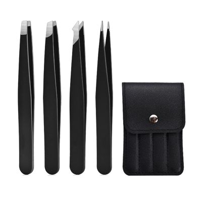 4pcs Stainless Steel Tweezers Set for Eyebrow and Eyelash with Storage Bag - Precision Hair Removal Tweezers for Beauty Salon & Home Use(Black 1set)