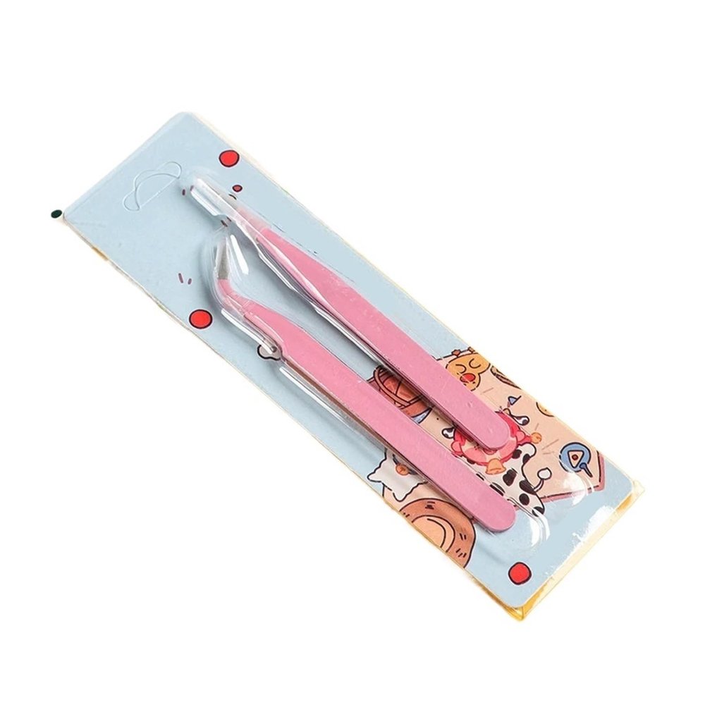 Colorful Stainless Steel Tweezers for Eyelash, Nail Art & DIY Projects - Pink, Blue, Purple Curved & Straight Design(Pink Set)