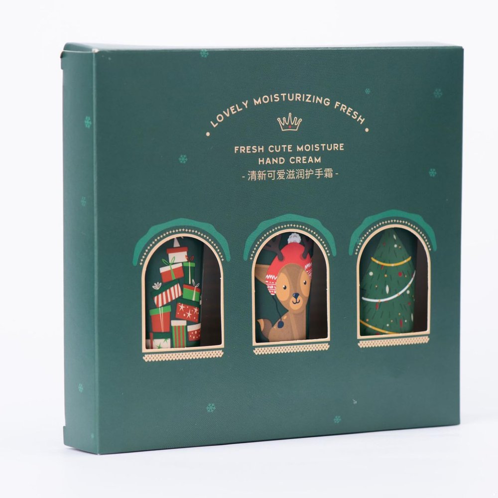 FEESHOW Christmas Themed Hand Cream Gift Box 3 Pack Hydrating Lotion for Dry Skin Winter Care Routine Green One Size