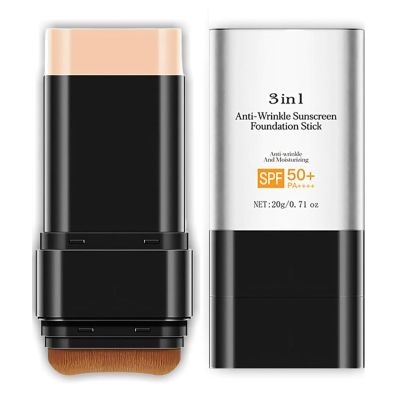 3 In 1 Anti-Wrinkle Foundation Stick Korean Hydrating Lightweight Flawless Eraser Foundation Stick with Brush, Moisturizing Double Head Makeup, Natural Color