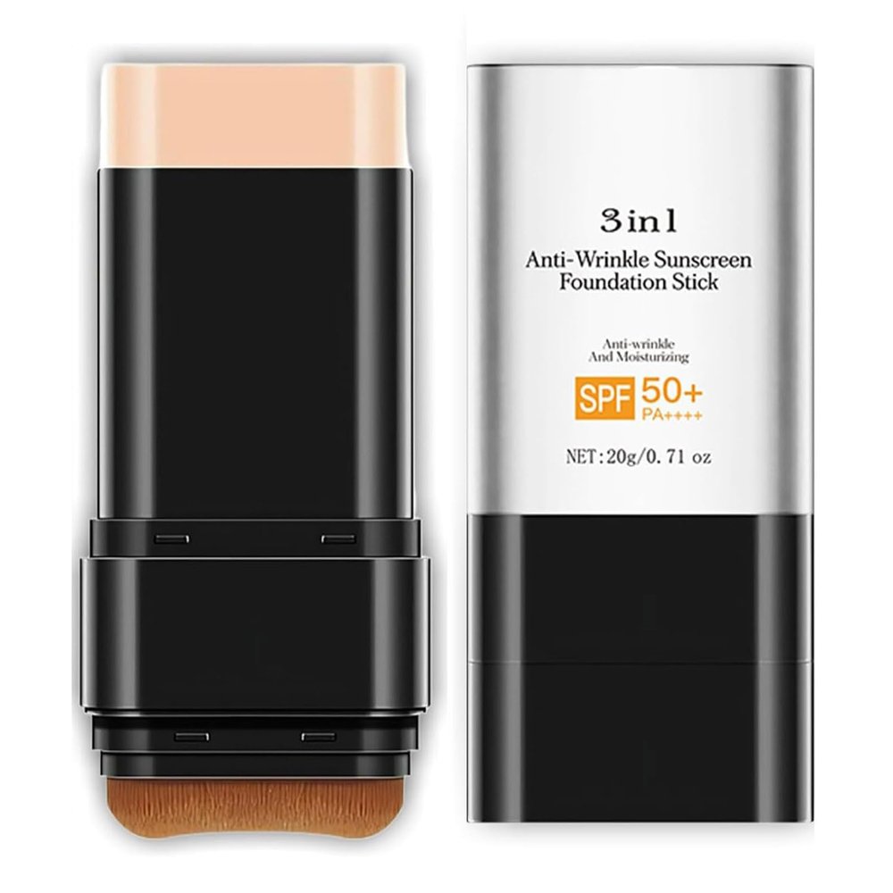 3 In 1 Anti-Wrinkle Foundation Stick Korean Hydrating Lightweight Flawless Eraser Foundation Stick with Brush, Moisturizing Double Head Makeup, Natural Color
