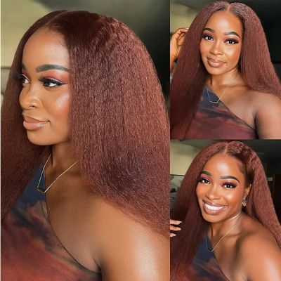 Reddish Brown Kinky Straight Human Hair 13X6 Lace Frontal Wig 150% Density Pre Plucked Brazilian Yaki Straight HD Invisible Lace Front Wig with Baby Hair For Woman #30 Colored Wigs 14Inch