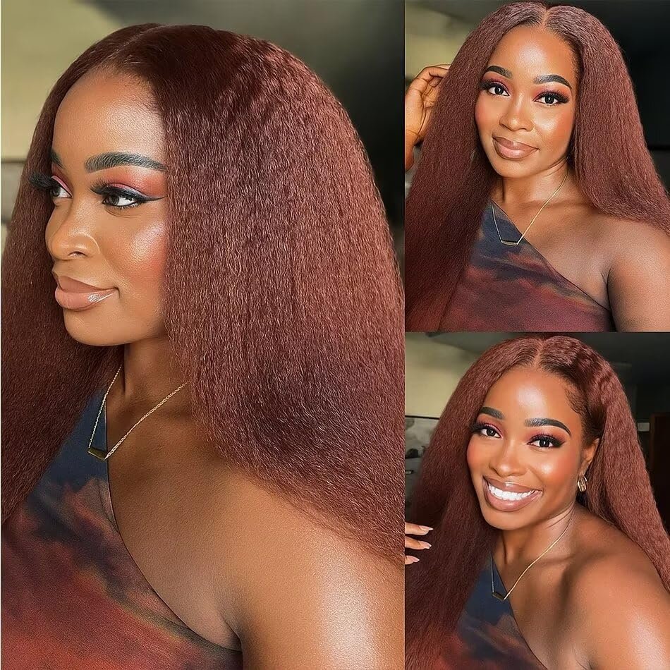 Reddish Brown Kinky Straight Human Hair 13X6 Lace Frontal Wig 150% Density Pre Plucked Brazilian Yaki Straight HD Invisible Lace Front Wig with Baby Hair For Woman #30 Colored Wigs 14Inch