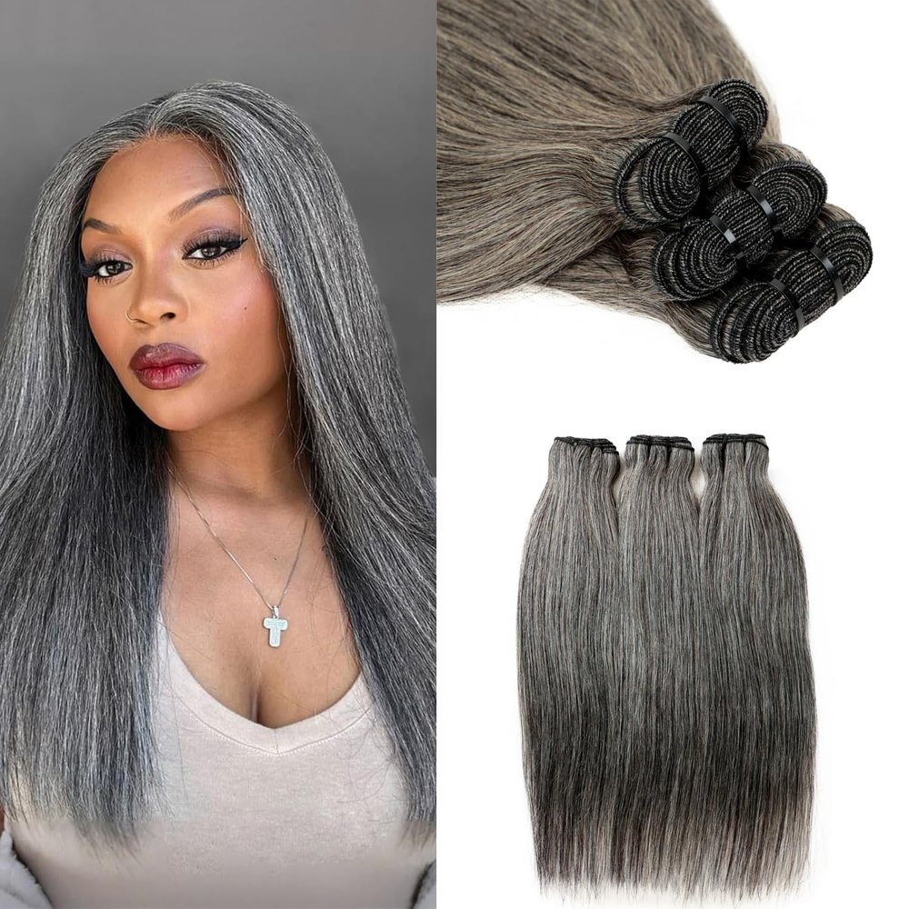 Salt and Pepper Bundles Human Hair 10 10 10 Inch Natural Gray-White Straight Bundles Human Hair 100% Unprocessed 12A Brazilian Hair Weave Extensions for Women