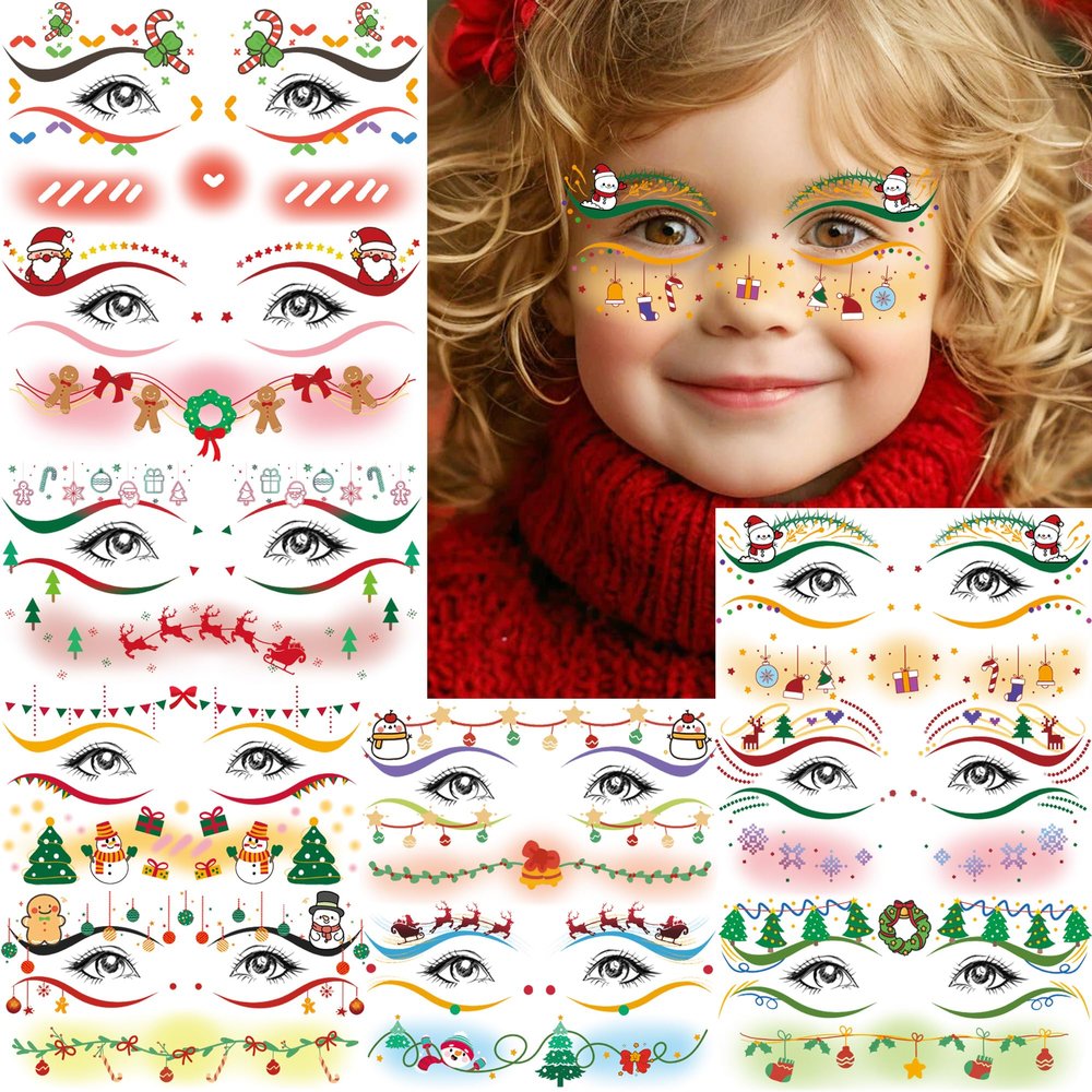 10 Sheets Christmas Face Tattoo Xmas Tree Santa Claus Eyeliner Makeup Patches Temporary Tattoos For Women Girls, Christmas Rave Party Favor Supplies Fake Tattoo Sticker Snowman Decals Stocking Stuffer