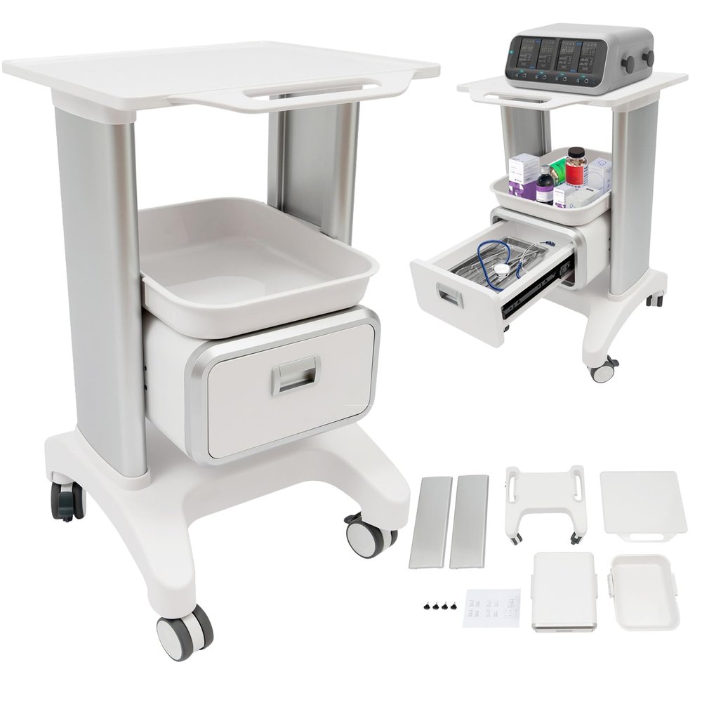Medical Cart with Drawer & 2 Trays, 220lbs Capacity ABS Rolling Utility Cart, Locking Wheels Mobile Storage Cart for Hospital Clinic Beauty Salon