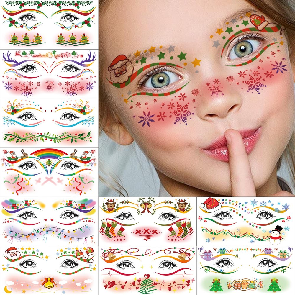 10 Sheets Christmas Temporary Tattoos For Face Eyeliner Makeup Patches Decals, Xmas Tree Santa Claus Snowman Fake Tattoo Sticker For Women Kids Christmas Rave Party Favor Supplies Stocking Stuffers
